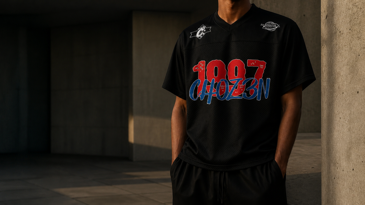 Model wearing the CHOZ3N 1997 Jersey in a wide streetwear campaign image.