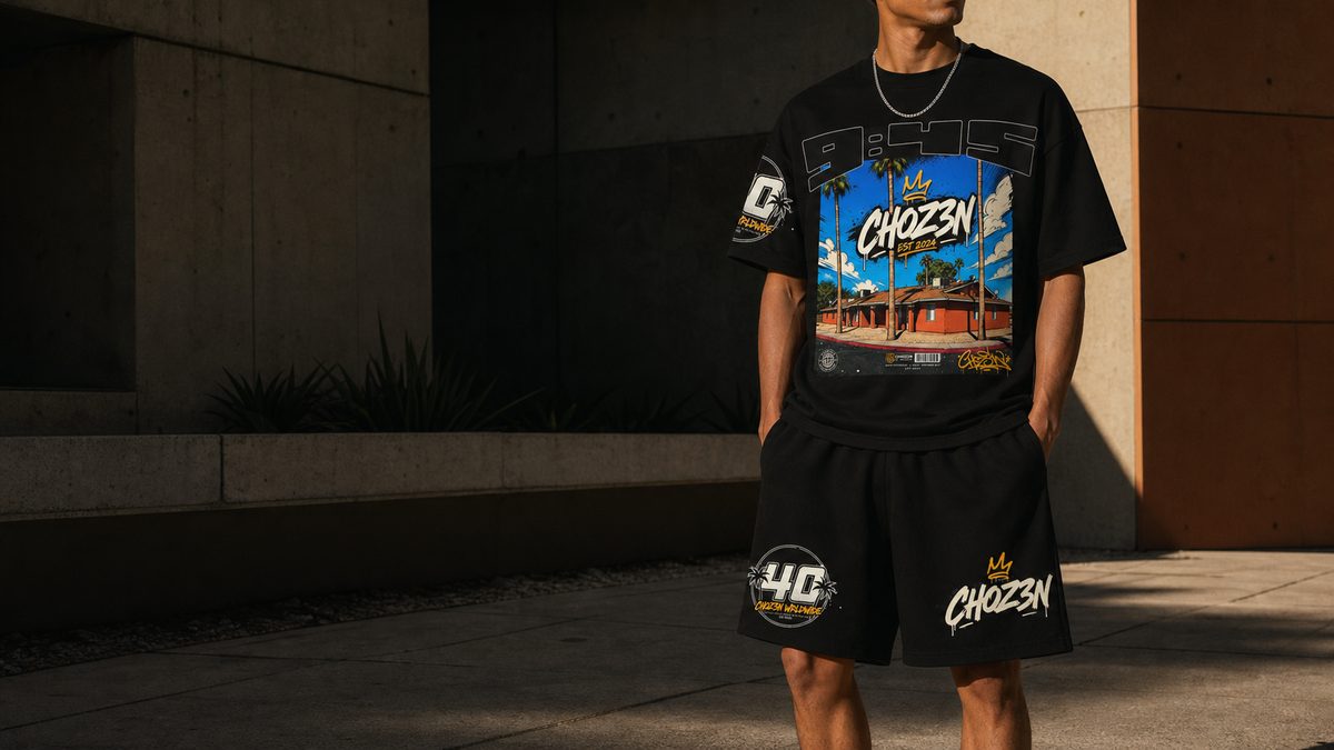 Model wearing the black CHOZ3N 9:45 matching set in a wide campaign image.