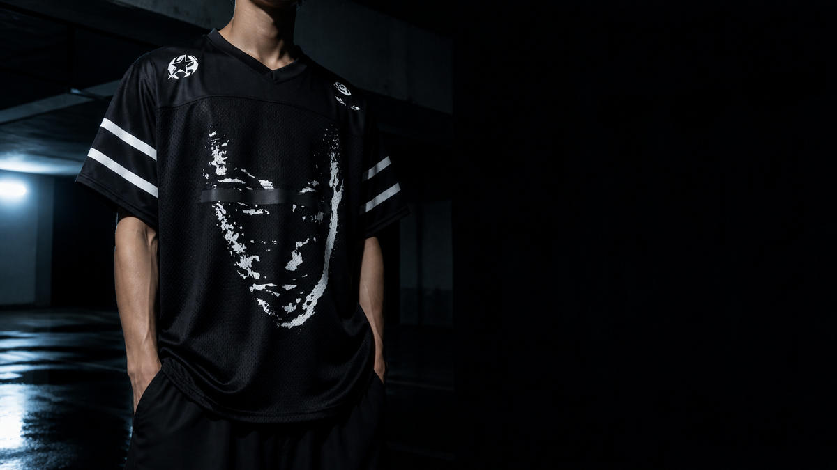 Black CHOZ3N Face Jersey campaign image — nighttime streetwear look